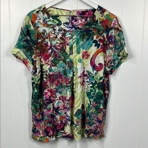 Soft Surroundings Santamar Top No Size Tag Purple Green Pullover Keyhole/Button
